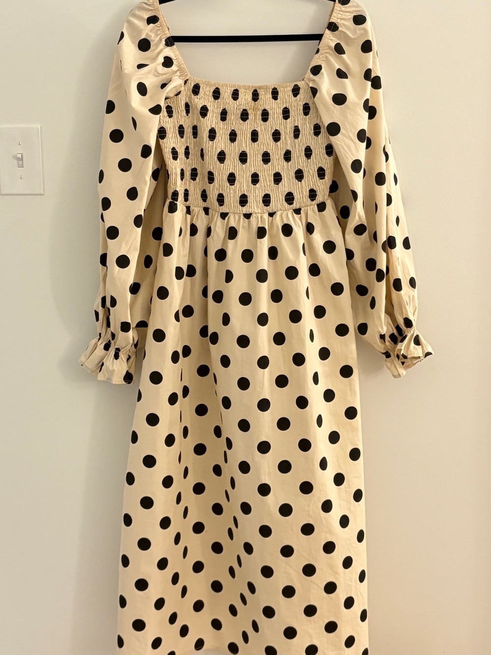 Missguided + Cream and Black Polka Dot Smocked Midi Dress
